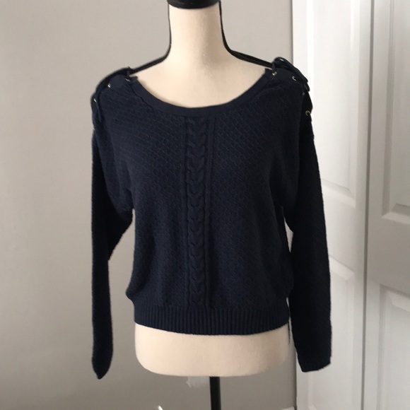 ❤️3X20 CAMAIEU Women Navy Blue Knit Criss Cross Shoulder Sweater - Picture 2 of 13